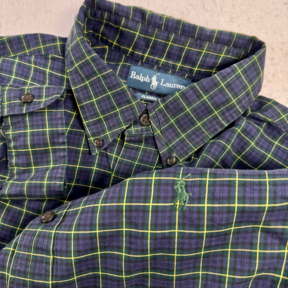 Ralph Lauren Men’s XL Blue Green Tartan Plaid Cotton Button‑Down